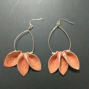 Gold Tone and Peach Leather Hoop Statement Earrings